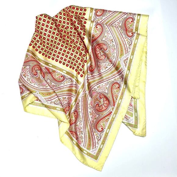 Liberty Silk Twill Yellow Red Paisley Red Square Scarf Hand Rolled Italy - Picture 1 of 13